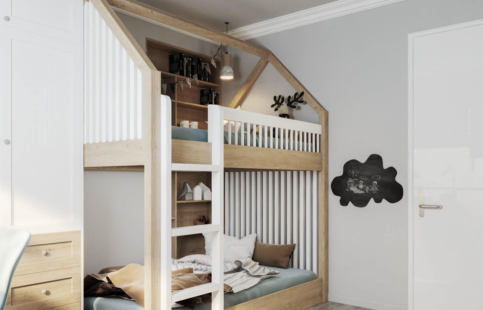 Thiết kế giường tầng thoáng đẹp, hình dáng ngôi nhà vững chắc cho các bé.