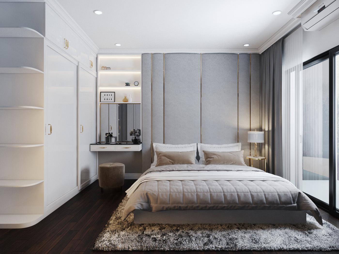 Với diện tích rộng rãi, kiến trúc sư thiết kế tủ quần áo màu trắng kịch trần tựa như một bức tường. Căn phòng sử dụng nội thất cao cấp, tông màu trung tính thanh lịch.