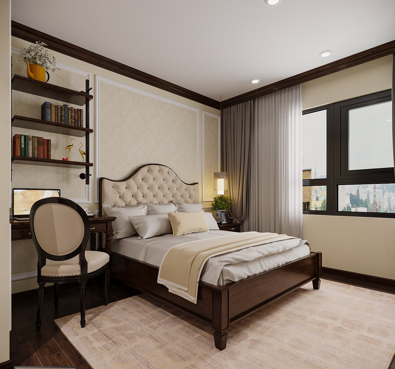 toàn cảnh phòng ngủ căn hộ 85m2 với giường nệm, giá sách treo tường, cửa sổ kính.