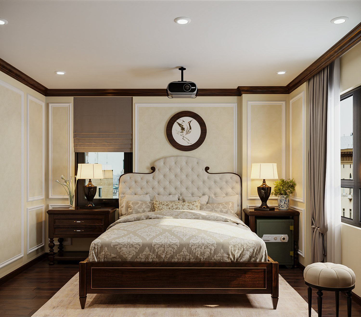 Phòng ngủ master có diện tích vừa phải, sử dụng nội thất sang trọng, bài trí đối xứng nhẹ nhàng. Các ô cửa sổ kính giúp căn phòng luôn thoáng đãng và nhận đủ ánh sáng tự nhiên.