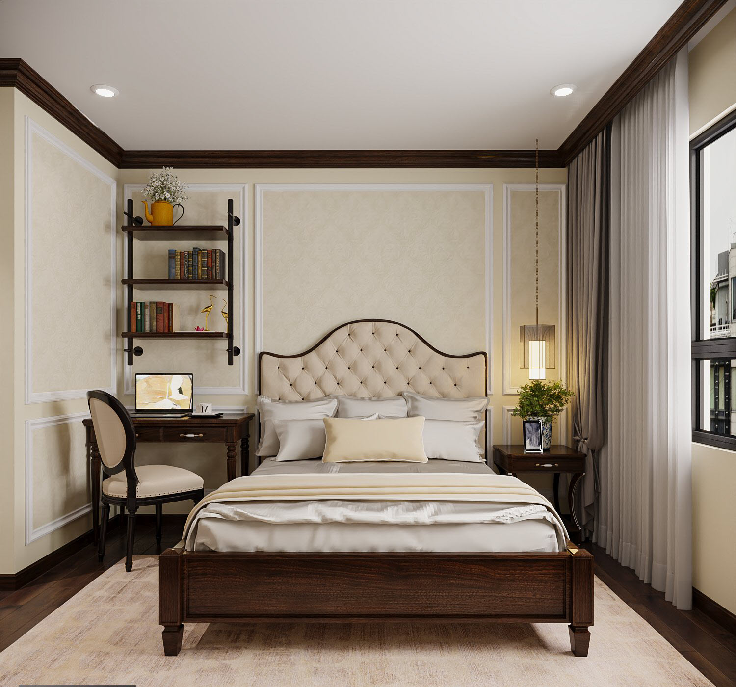 Phòng ngủ thứ hai nhỏ hơn với thiết kế nội thất tương tự, tích hợp góc làm việc tiện dụng.