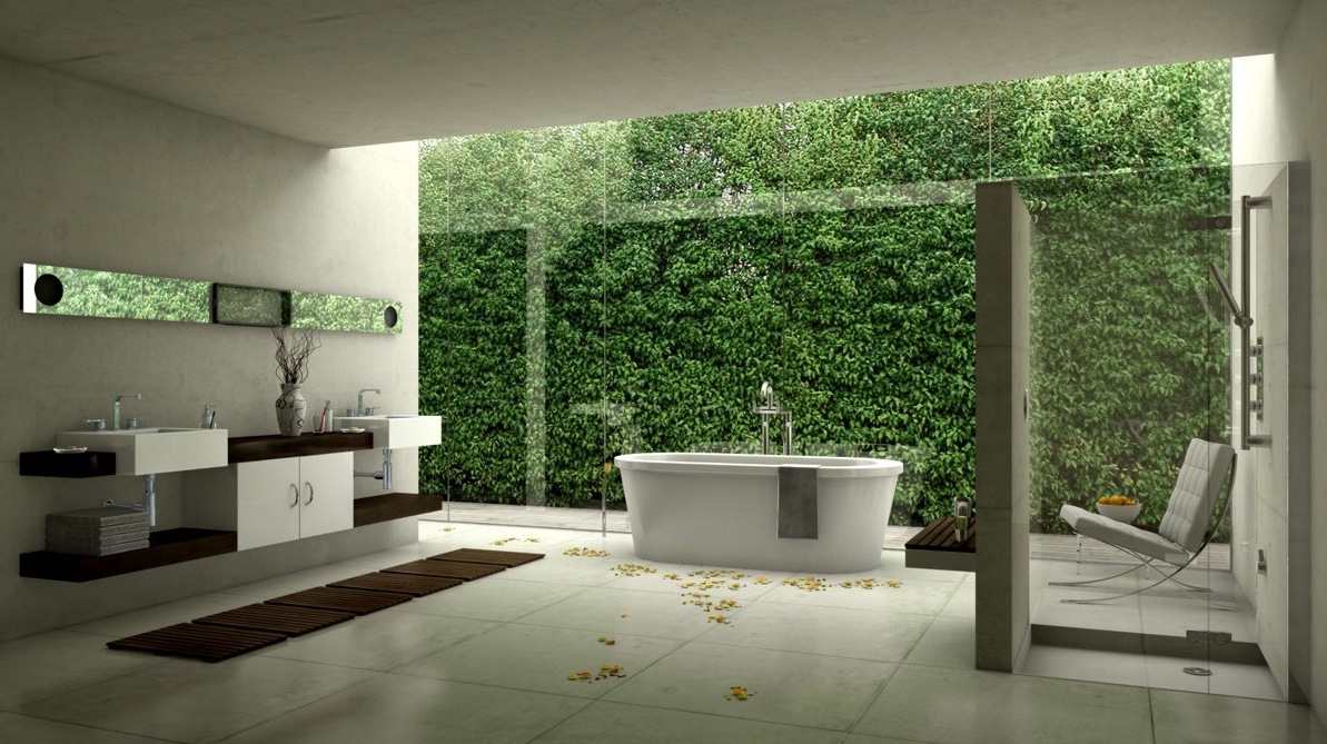 Nếu phòng tắm đủ rộng, bạn có thể tham khảo mẫu nhà tắm đẹp sang trọng này. Căn phòng được thiết kế như một spa thu nhỏ với mảng tường cây xanh bao phủ.