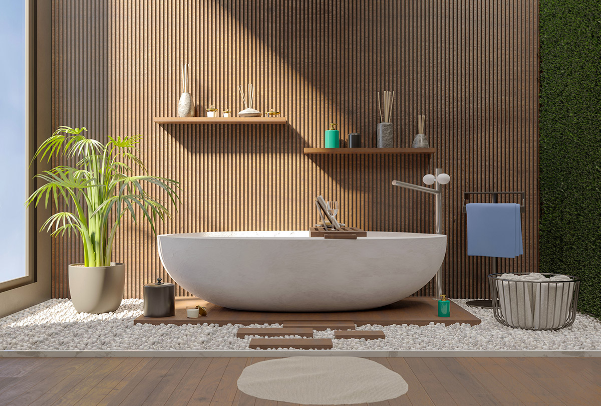 Khu vực bồn tắm đẹp được làm nổi bật kết cấu với một bức tường vân gỗ dọc tạo cảm giác thân thiện, ấm áp. Sỏi cuội, cây xanh đậm chất thiền.