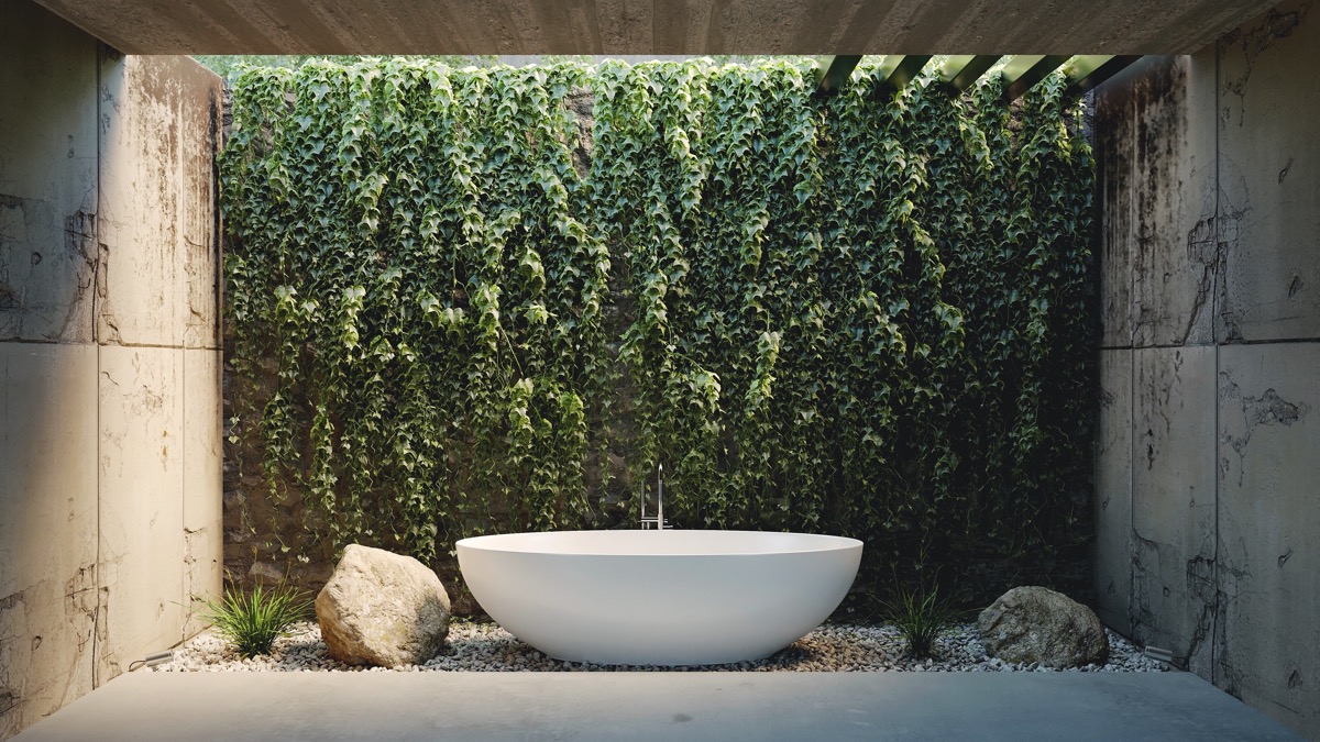 Với kiểu phòng tắm sân vườn, bạn thậm chí không cần phải sở hữu một khu vườn, một bức tường cây nơi giếng trời có thể thay thế tất cả.