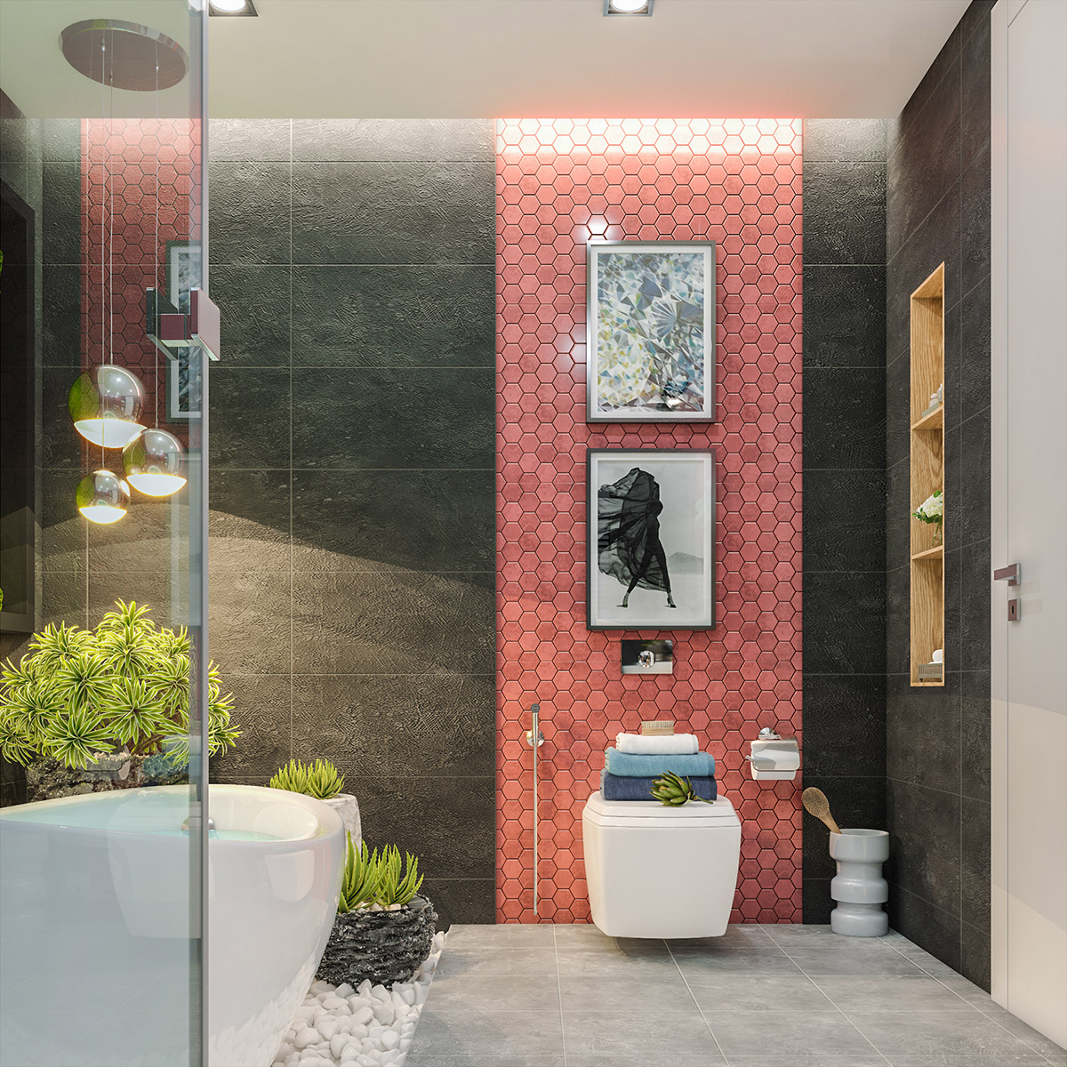 Mẫu phòng tắm đẹp gây ấn tượng thị giác mạnh mẽ bởi sự tương phản giữa gạch ốp tường hình lục giác màu hồng và gạch lớn màu xám đen.
