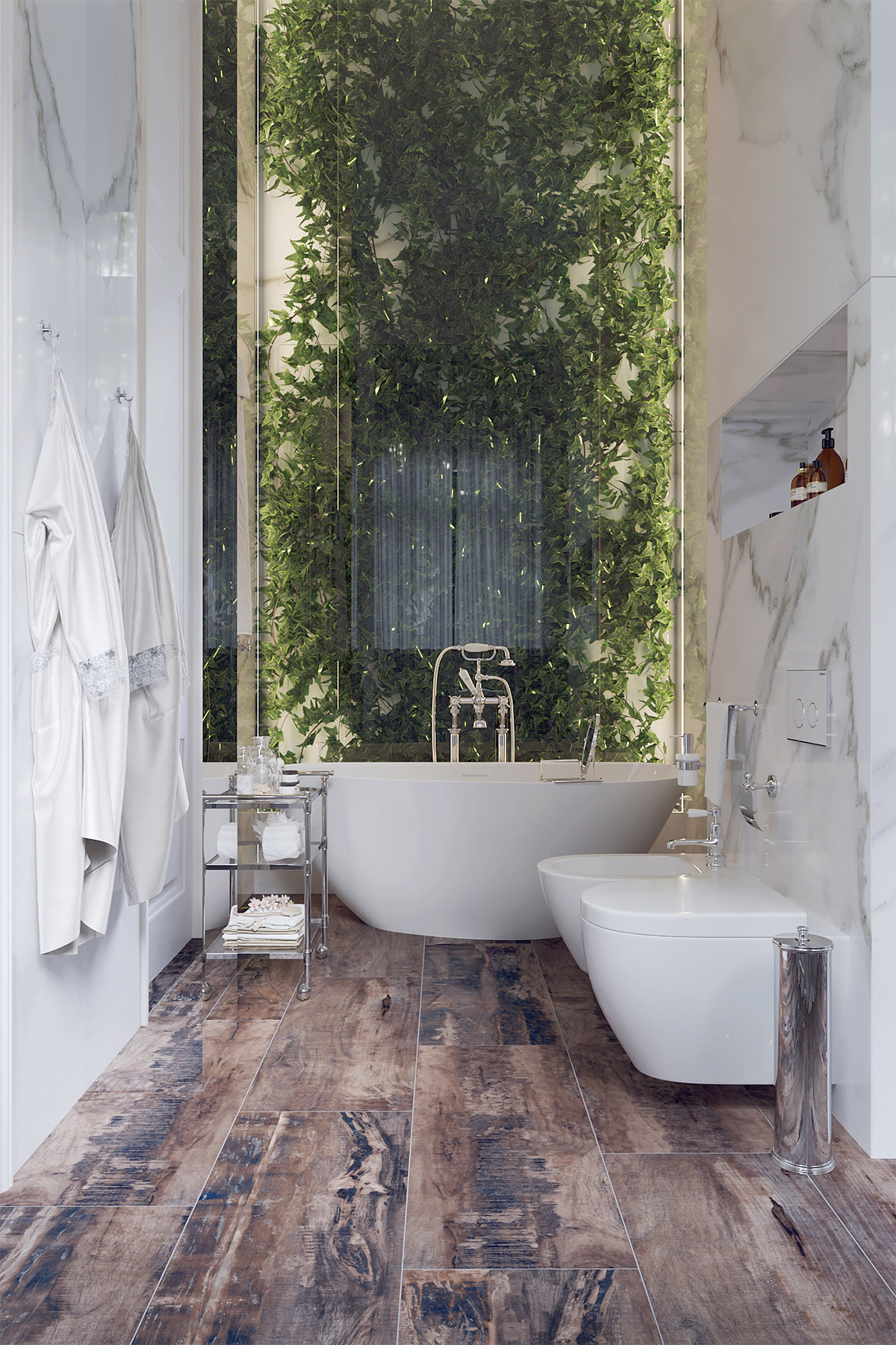 Phòng tắm hiện đại với vườn tường xanh mát.