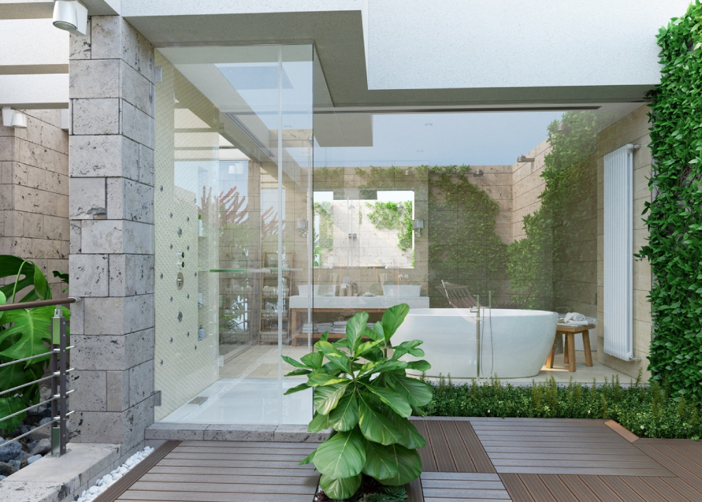Mẫu phòng tắm được thiết kế sân thượng, nơi bạn có thể tận hưởng bầu không khí thoáng mát mà vẫn đảm bảo tính riêng tư thiết yếu.