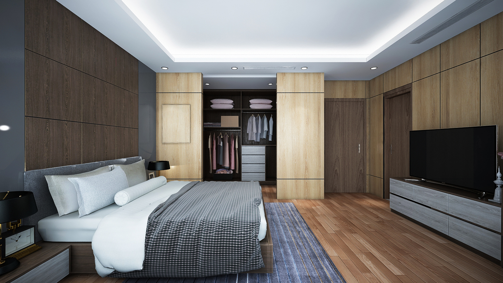 Mẫu phòng ngủ master hiện đại dành cho gia chủ chuộng phong cách tối giản. Hệ tủ quần áo âm tường, cao kịch trần hài hòa với tổng thể không gian.