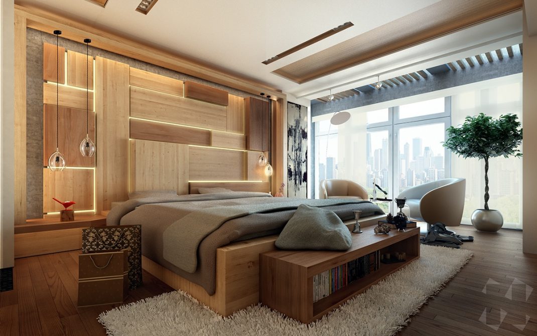 Phòng ngủ master rộng rãi, nổi bật với tường kính trong suốt, mang lại tầm nhìn thoáng đẹp ra cảnh quan bên ngoài.