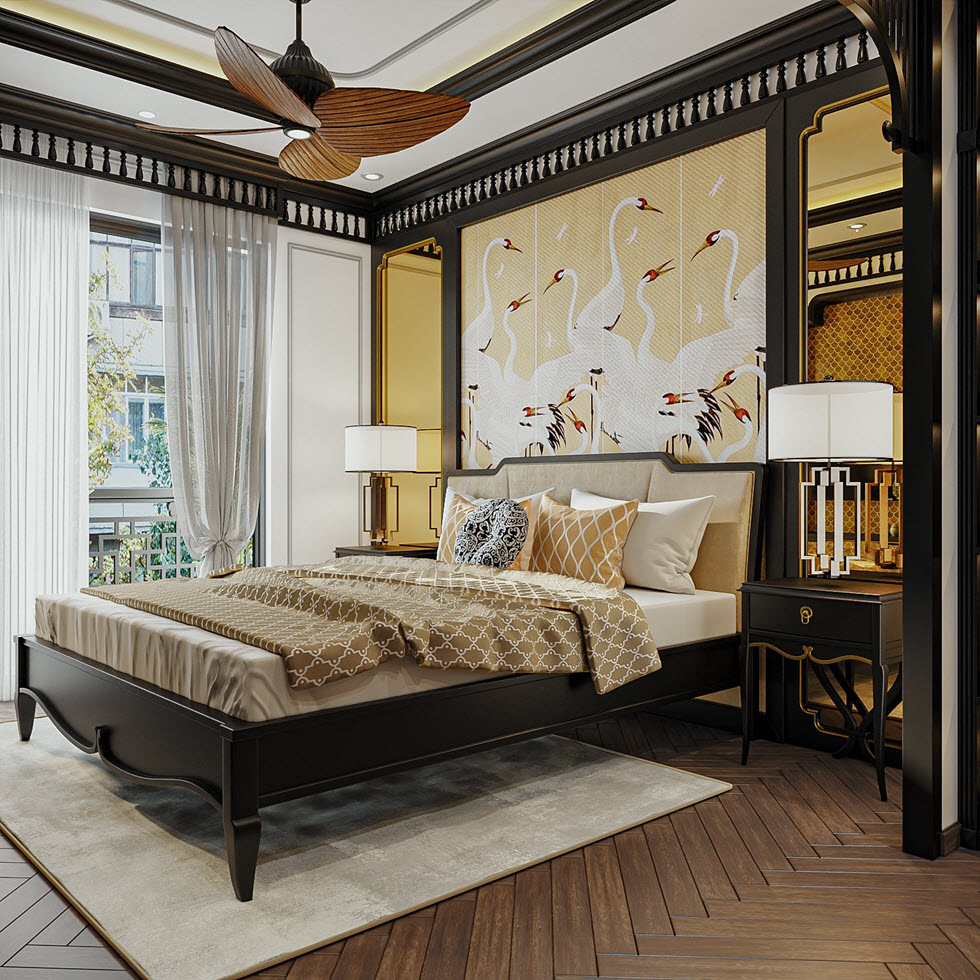 Kiến trúc sư tập trung cho điểm nhấn đầu giường với tranh tường ấn tượng, gương dài và đèn bàn bố trí đối xứng.