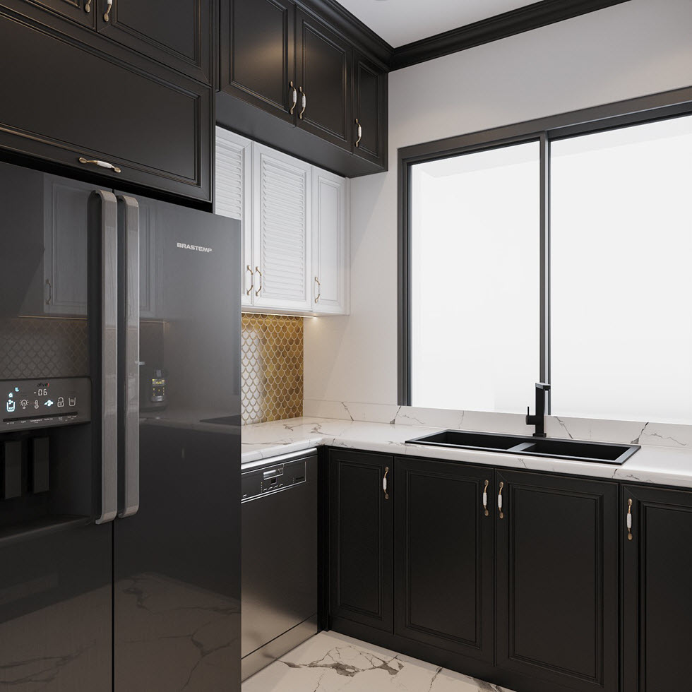 Cửa sổ kính lớn cho phép ánh sáng tự nhiên chan hòa khắp phòng bếp, mang đến tầm nhìn đẹp, đồng thời đối lưu không khí tốt.