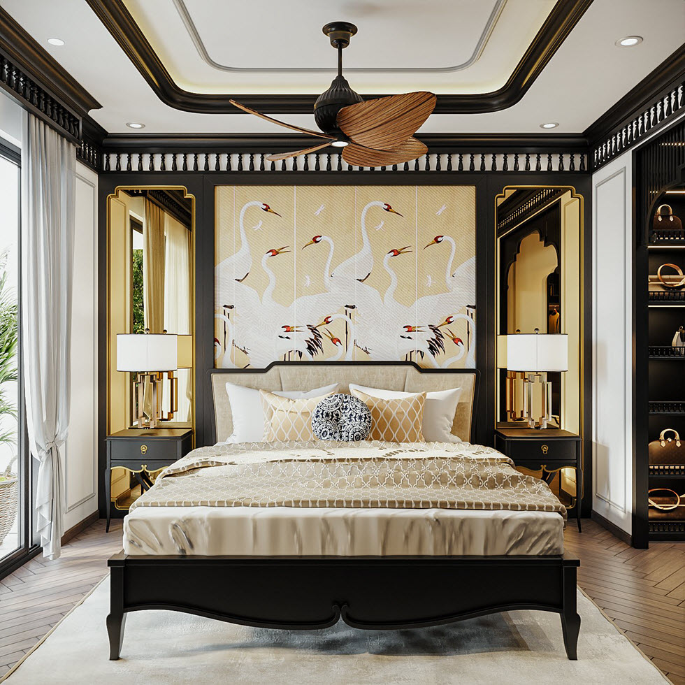 Phòng ngủ master trên tầng 2 khiến người ngắm choáng ngợp bởi độ sang trọng, lộng lẫy từ chất liệu nội thất đến các chi tiết trang trí.