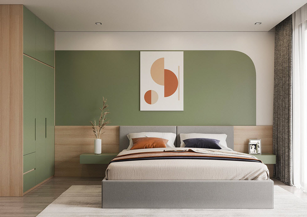 Với phòng ngủ phong cách Color Block, gia chủ vẫn có thể sử dụng những tông màu nóng nhưng nhạt hơn và không nên tương phản quá mức vì chúng dễ tạo cảm giác căng thẳng, không phù hợp với khu vực nghỉ ngơi, thư giãn.
