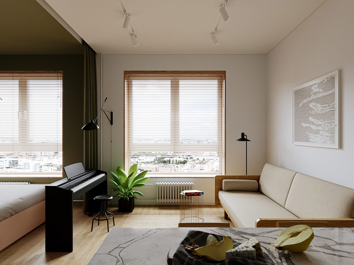 hình ảnh phòng khách căn hộ với đàn piano tách sofa với giường ngủ
