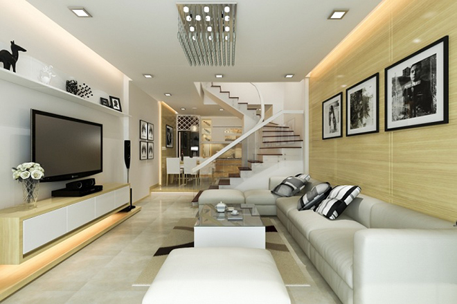 Phòng khách nhà ống có thiết kế đơn giản, hiện đại tạo độ thoáng cho toàn bộ không gian sinh hoạt chung ở tầng 1.