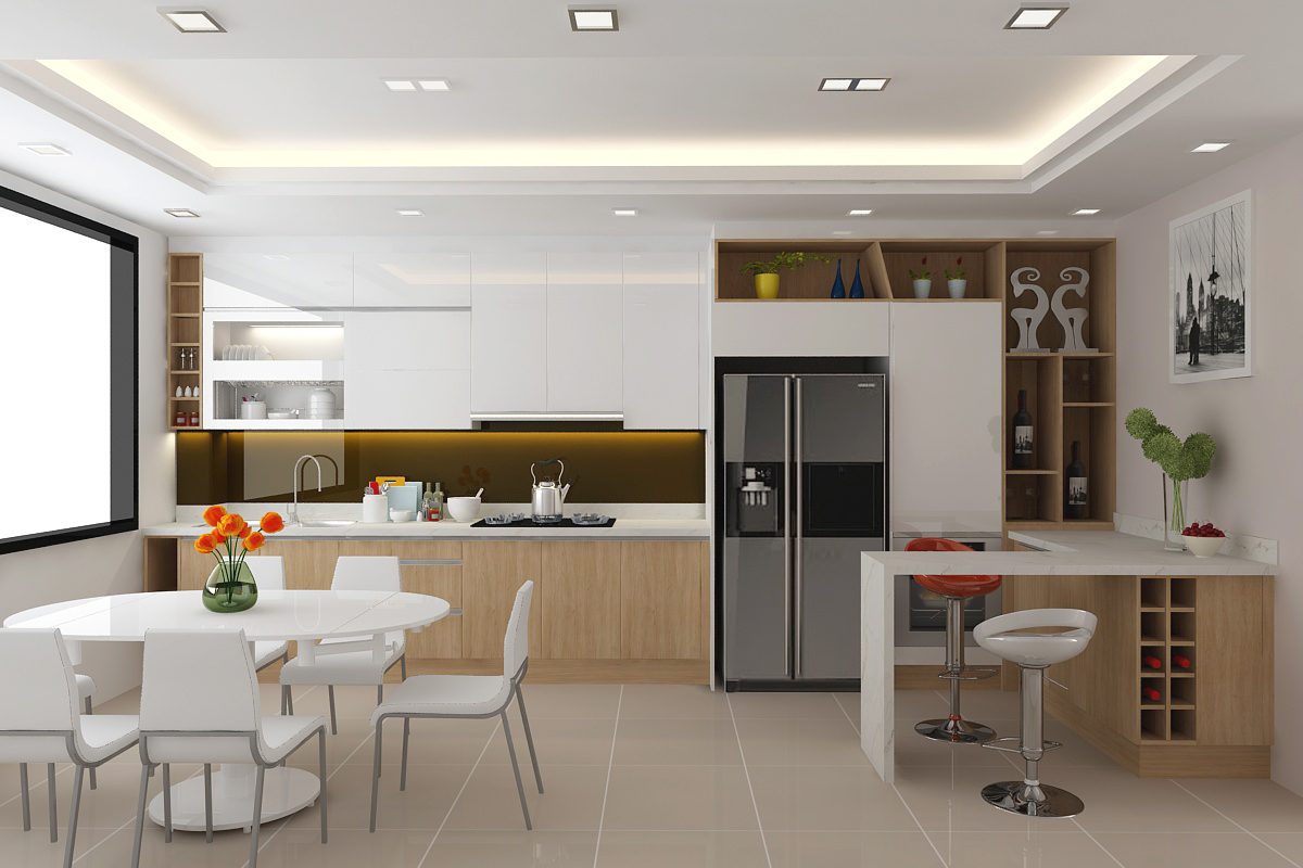 Không gian phòng bếp ngập tràn ánh sáng tự nhiên, giúp tôn lên vẻ đẹp của thiết kế nội thất hiện đại, bảng màu trung tính chủ đạo.