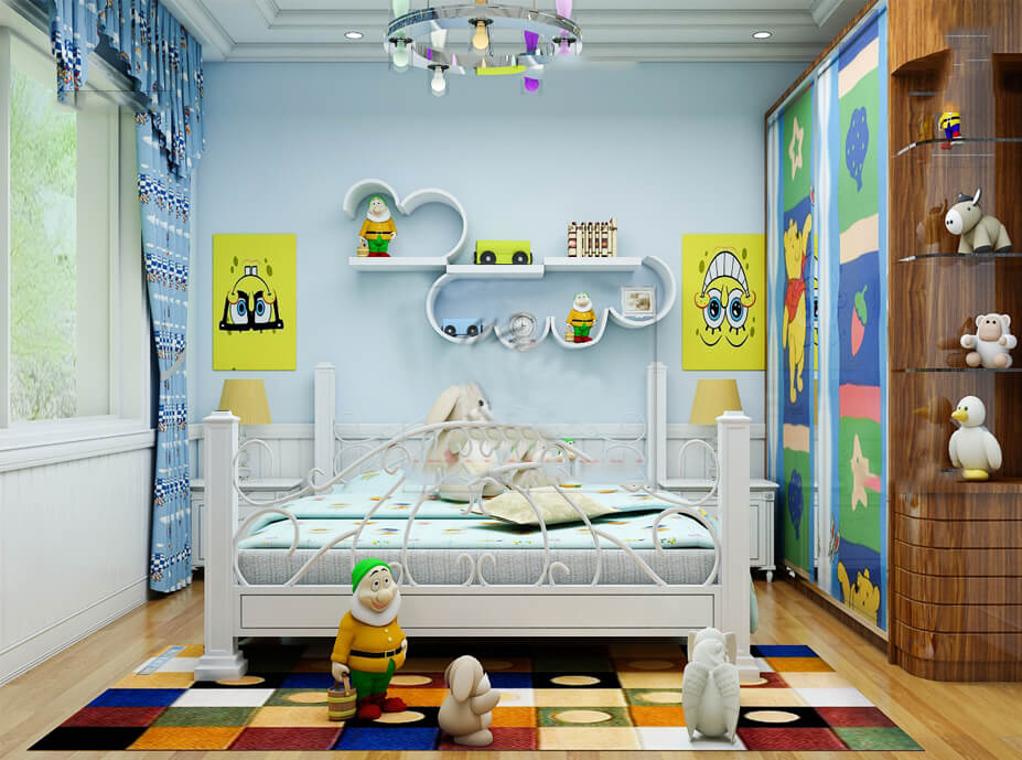 Phòng ngủ cho bé trai sử dụng bảng màu tươi vui, hình ảnh trang trí ngộ nghĩnh phù hợp với sở thích cũng như độ tuổi của trẻ.