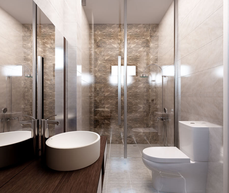 Trong biệt thự 3 tầng, phòng tắm - nhà vệ sinh ốp lát đá cẩm thạch sạch sẽ, sang trọng. Hai khu khô - ướt được tách biệt rõ ràng bởi vách kính trong suốt.