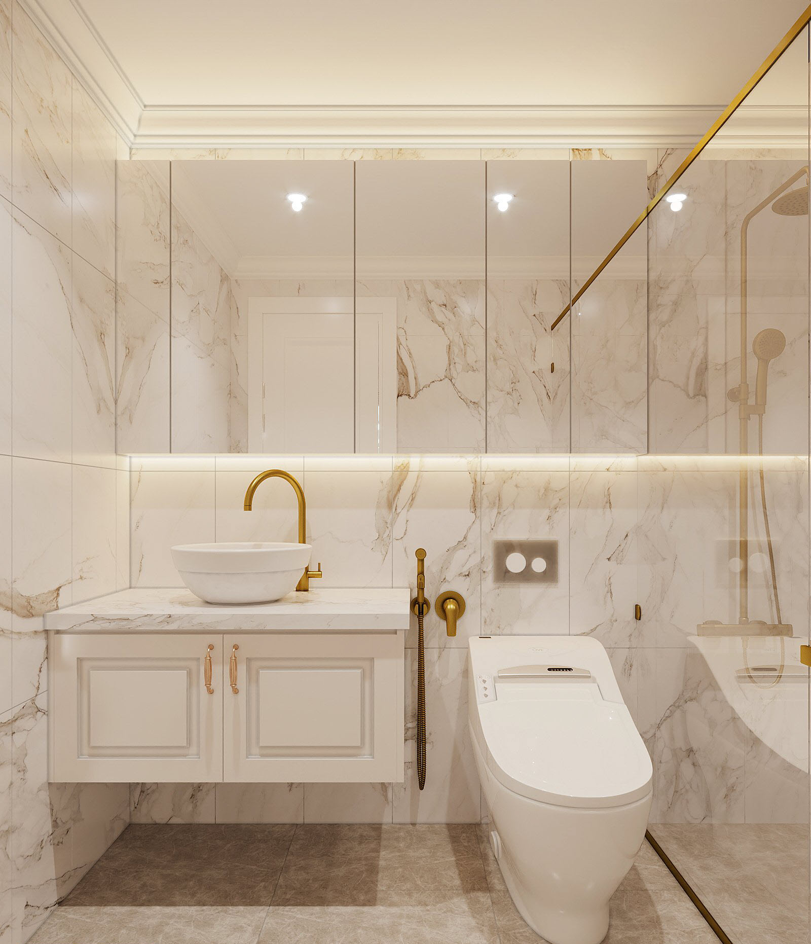 Phòng tắm trong căn hộ được ốp lát đá cẩm thạch sang trọng, sạch sẽ. Chất liệu gương kính tạo cảm giác rộng thoáng hơn cho căn phòng.