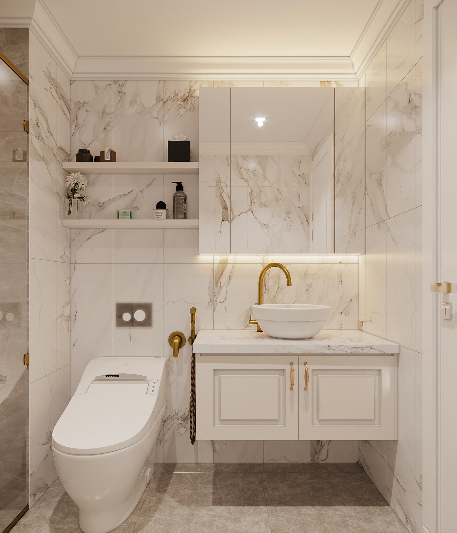 Tủ và giá kệ lưu trữ trong phòng tắm được thiết kế dạng nổi, gắn trực tiếp lên tường tạo độ thoáng sạch cho không gian.