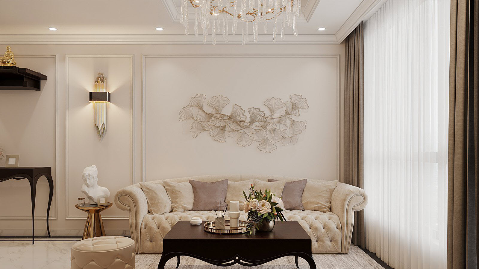 Bộ ghế sofa màu be sang trọng, kiểu dáng cổ điển nhẹ nhàng, hài hòa với tổng thể không gian chung. Tường decor đơn giản mà ấn tượng.