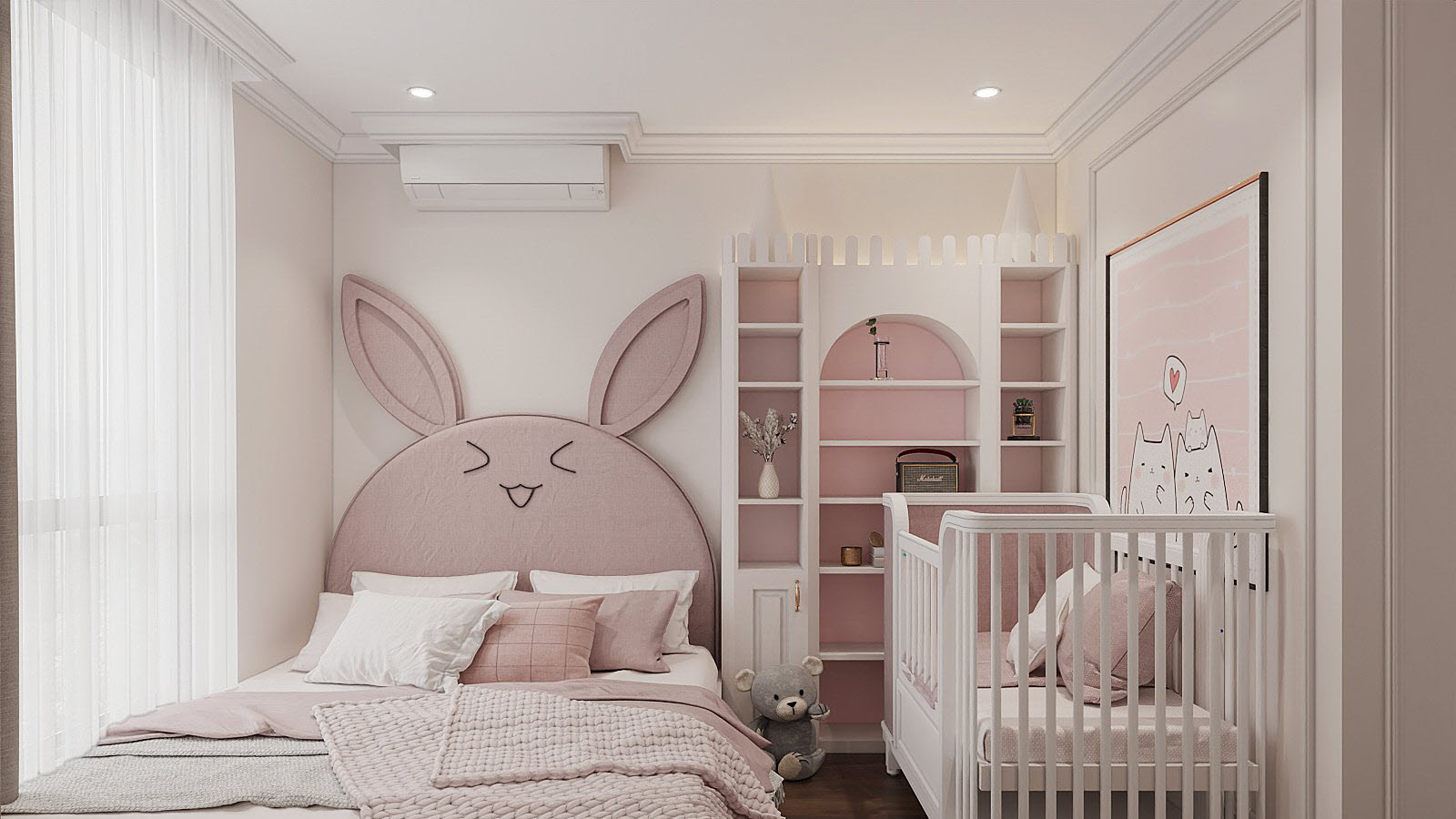 Thiết kế phòng ngủ trẻ em đẹp mê với đầu giường hình thỏ dễ thương. 
