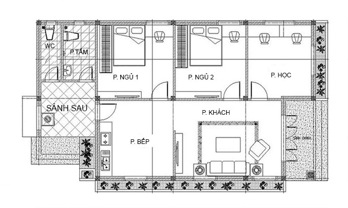 Mẫu thiết kế nhà cấp 4 mái bằng 3 phòng ngủ 7x16 ở Nhơn Trạch M309