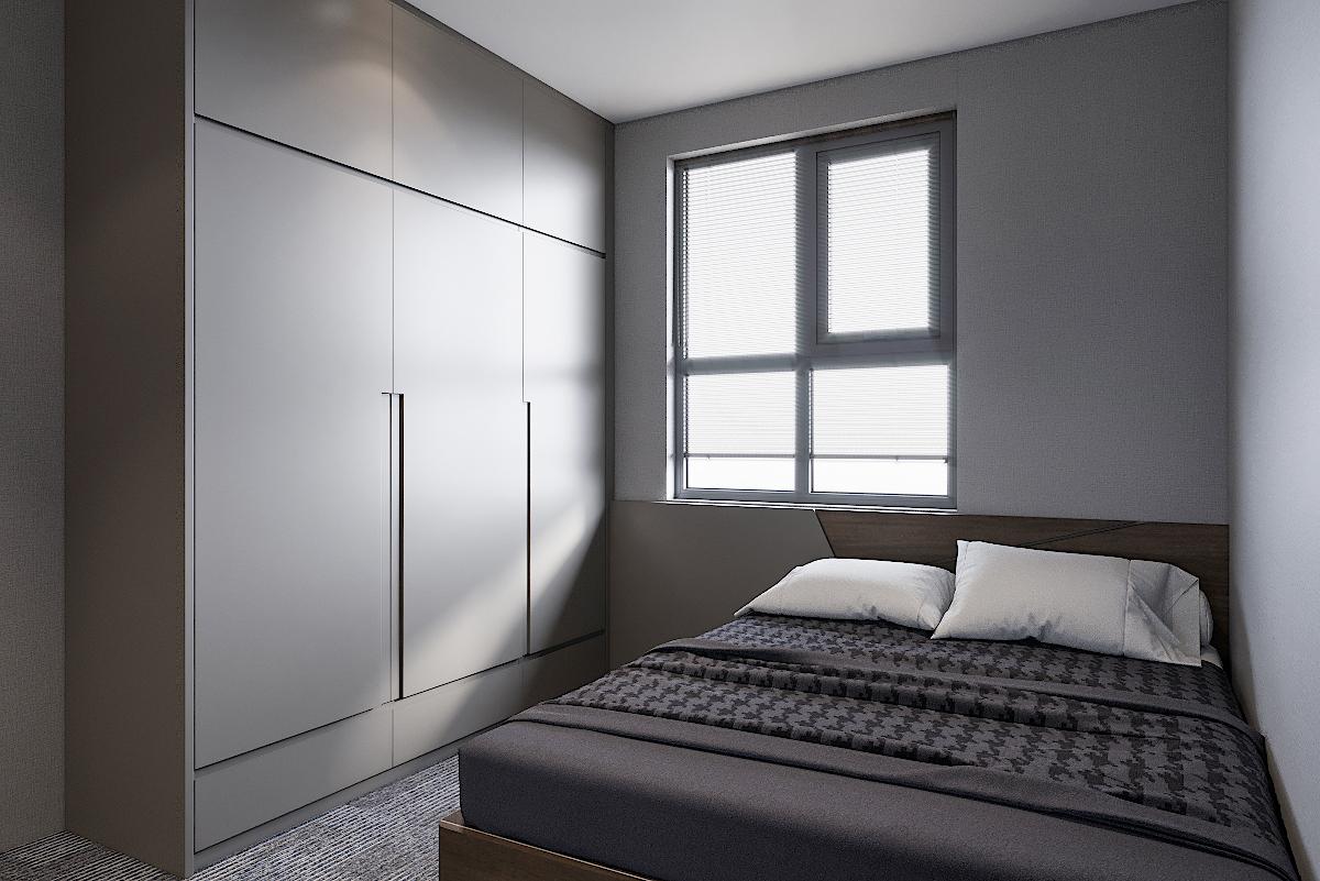 Phòng ngủ được thiết kế với diện tích vừa phải, phối màu xám trắng hài hòa, thanh lịch. Cửa sổ kính mang đến ánh sáng tự nhiên ấm áp, giúp cân bằng bảng màu lạnh.