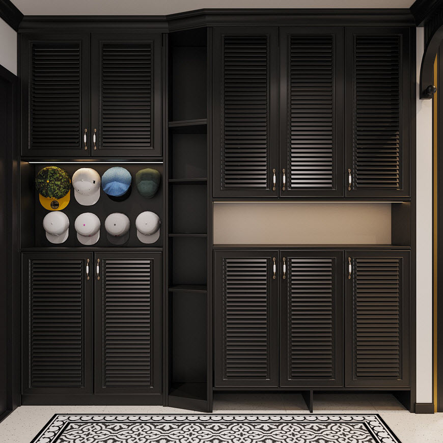 Những điểm nhấn trang trí màu sắc nổi bật trên hệ tủ lưu trữ tông màu đen cá tính.