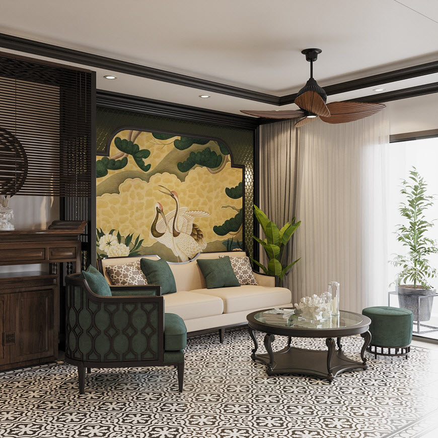 Phòng khách phong cách Đông Dương tinh tế với tranh tường vẽ đôi hạc