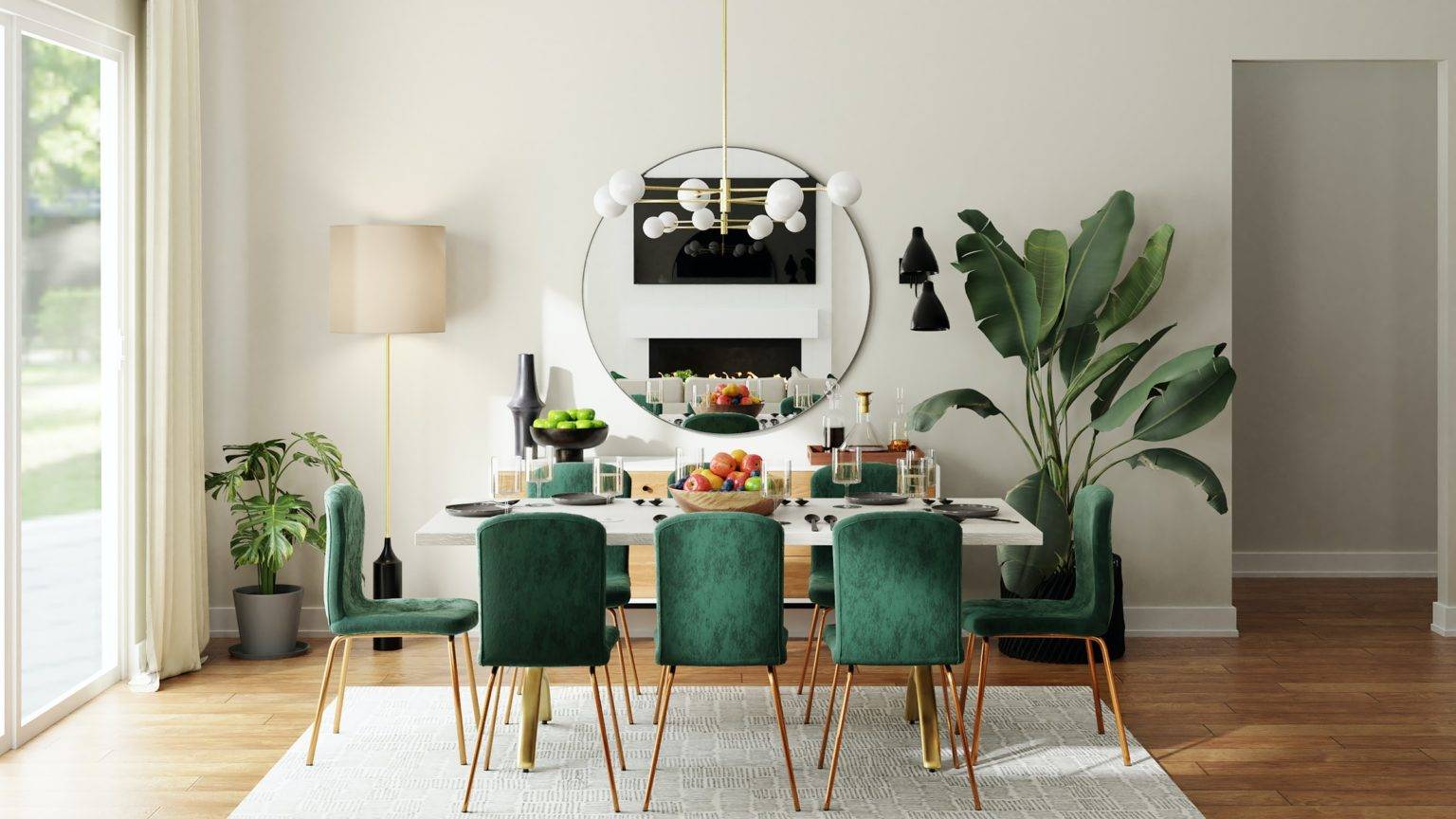 Phòng ăn phong cách tối giản với những điểm nhấn màu xanh lá tràn đầy năng lượng.
