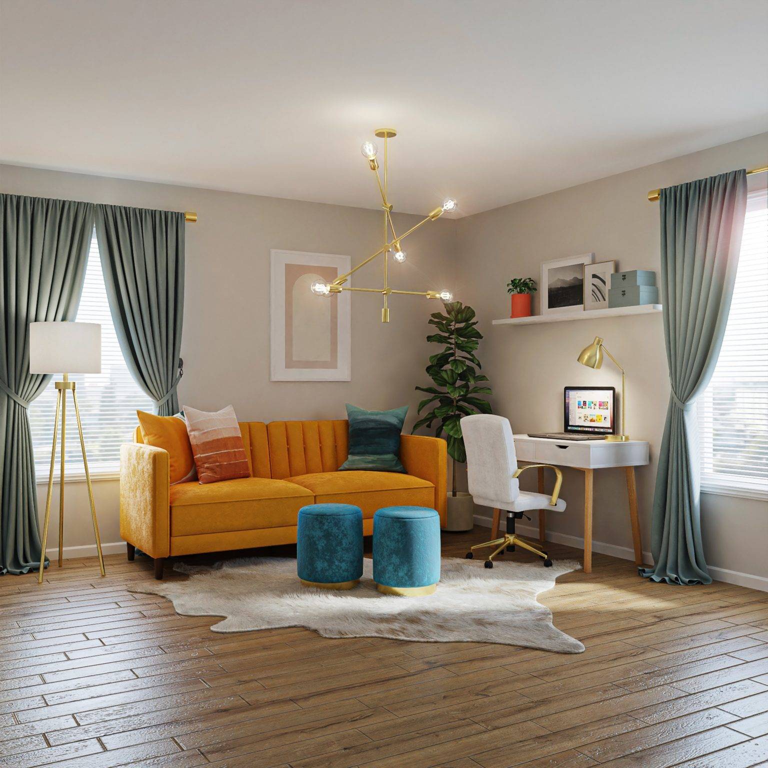 Ghế sofa màu vàng cam trở thành điểm nhấn tươi mới trong không gian phòng khách màu trung tính chủ đạo.