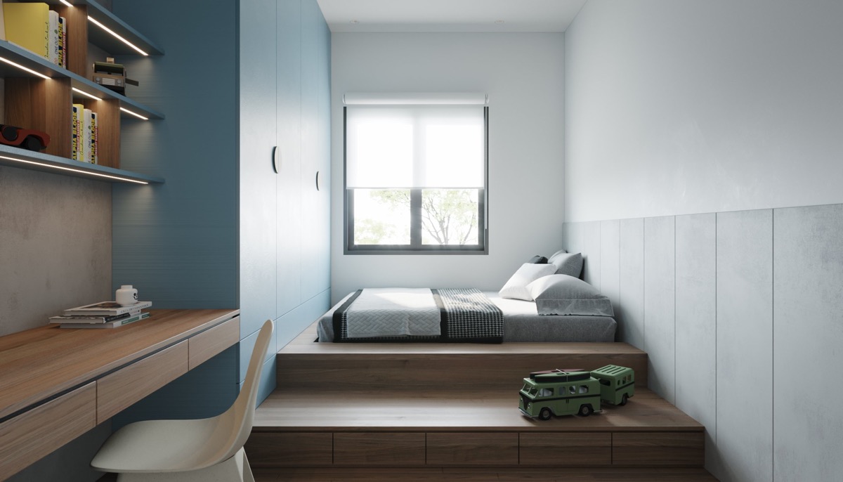 Phòng ngủ hiện đại, gọn gàng dành cho trẻ. Bệ gỗ nâng cao giường khỏi mặt sàn, tạo không gian lưu trữ tiện dụng bên dưới.
