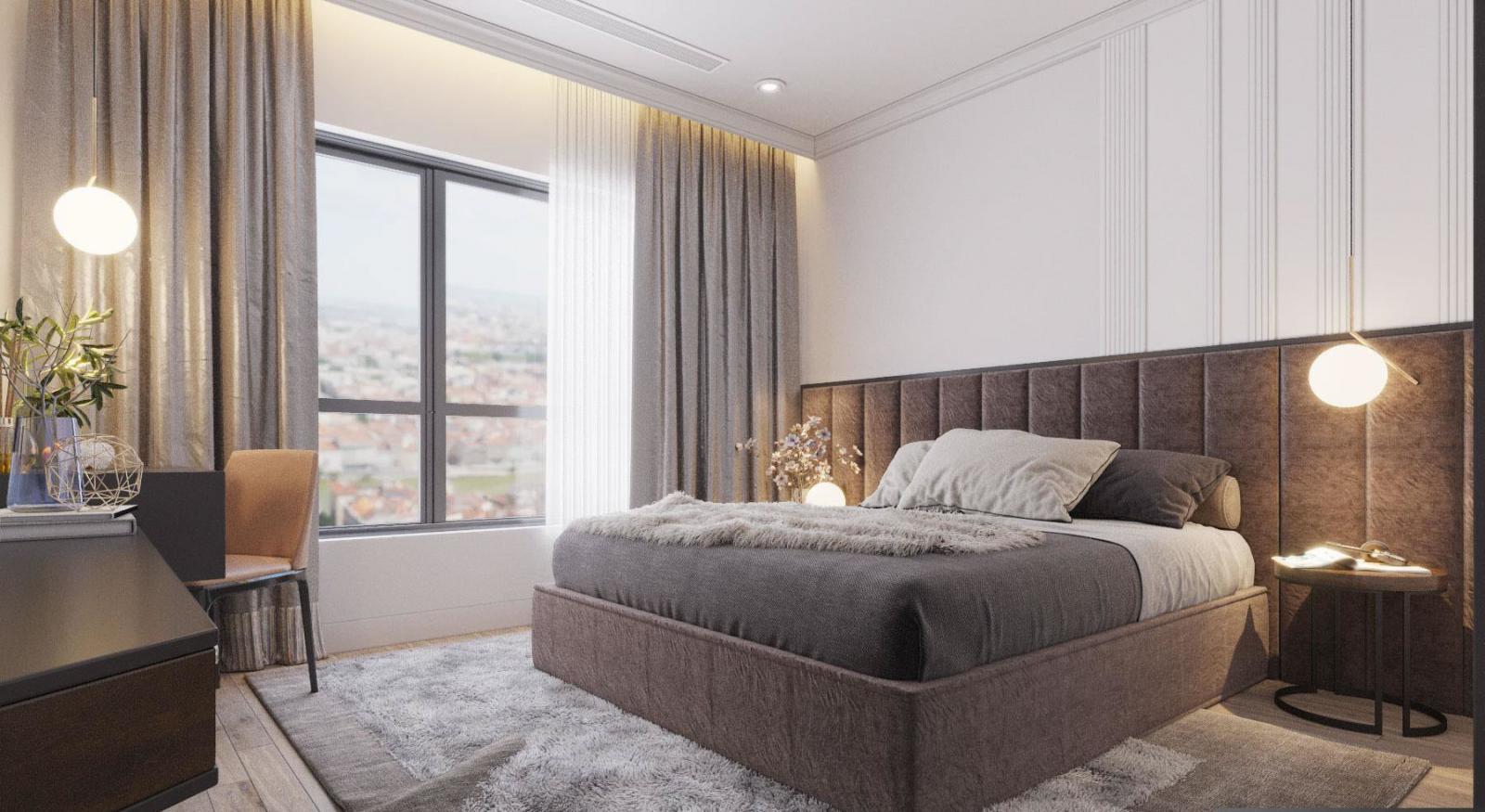 Đầu giường decor đơn giản mà sang trọng. Khung cửa kính trong suốt mang đến ánh sáng tự nhiên ngập tràn, giúp tôn lên vẻ đẹp của đường nét nội thất hiện đại.