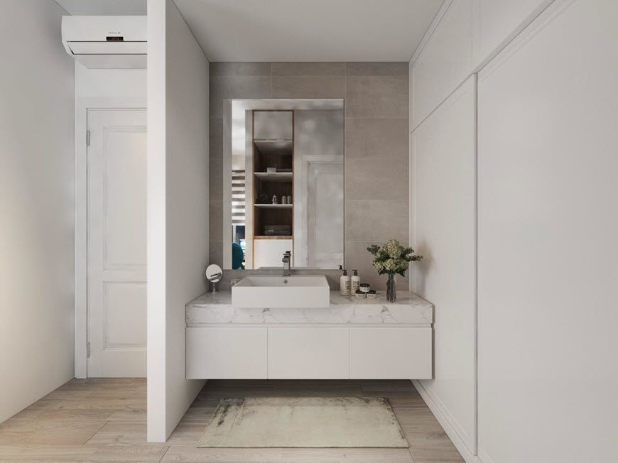 Phòng vệ sinh trong căn hộ 93m2 được thiết kế theo phong cách tối giản, đủ đầy các tiện nghi hiện đại, đáp ứng nhu cầu sinh hoạt hàng ngày.