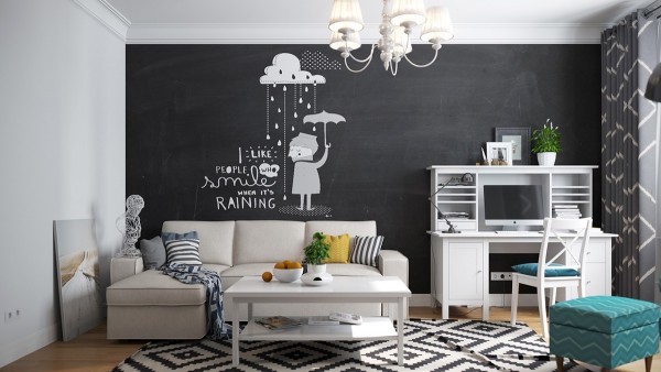 Bức tường điểm nhấn màu đen tuyền tạo sự khác biệt, độc đáo cho phòng khách Scandinavian. Nội thất màu trắng xám giúp cân bằng bảng màu hiệu quả.