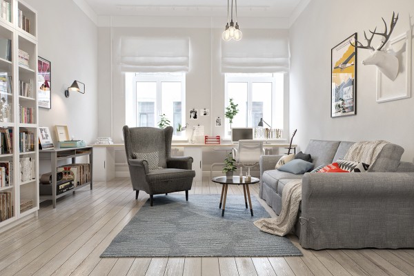 Mẫu thiết kế phòng khách hiện đại đậm chất Scandinavian với bảng màu trắng - xám chủ đạo kết hợp cùng ánh sáng tự nhiên ngập tràn.