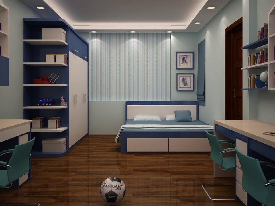Thiết kế nội thất phòng ngủ cho con trai lớn với bảng màu xanh lam trẻ trung, thanh lịch. Tủ lưu trữ và bàn học kiểu "đo ni đóng giày" nhằm tối ưu hóa không gian.