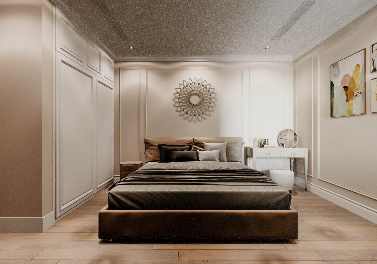 Phòng ngủ master rộng rãi, sử dụng bảng màu ấm áp, thư giãn. Lối thiết kế tối giản nhưng sang trọng được ứng dụng linh hoạt.