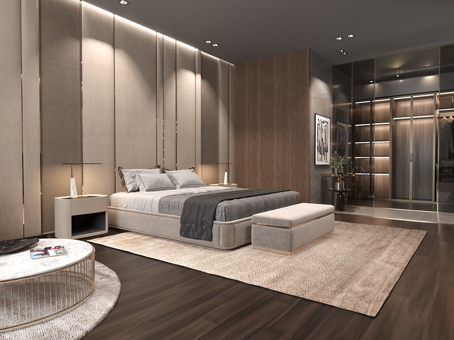 Phòng ngủ master rộng rãi được thiết kế với tông màu nâu trầm tạo cảm giác thư giãn.