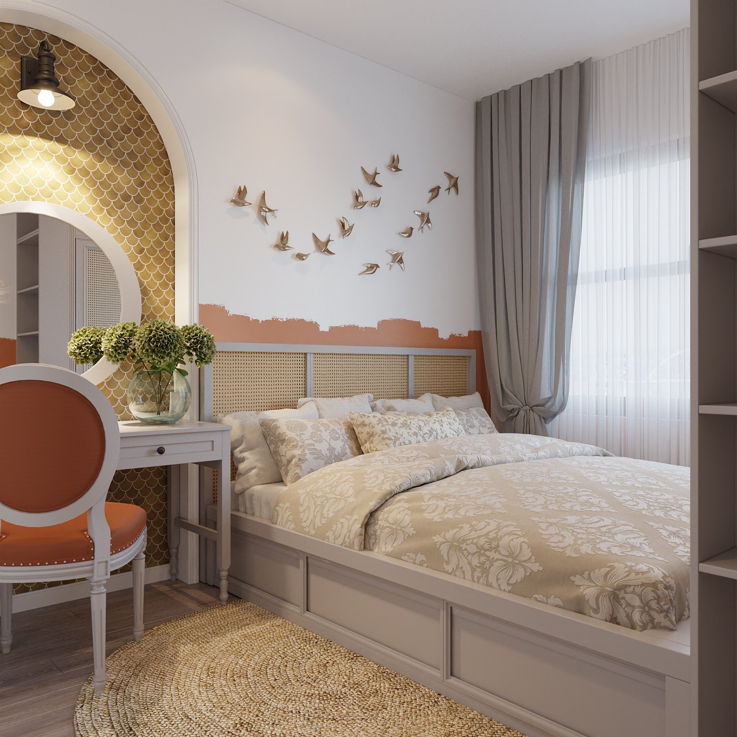 Thiết kế nội thất phòng ngủ là sự kết hợp hoàn hào giữa phong cách Indochine và Farmhouse. Đường nét hình vòm, hình ảnh đàn én mang lại cảm giác bình yên, thư thái.