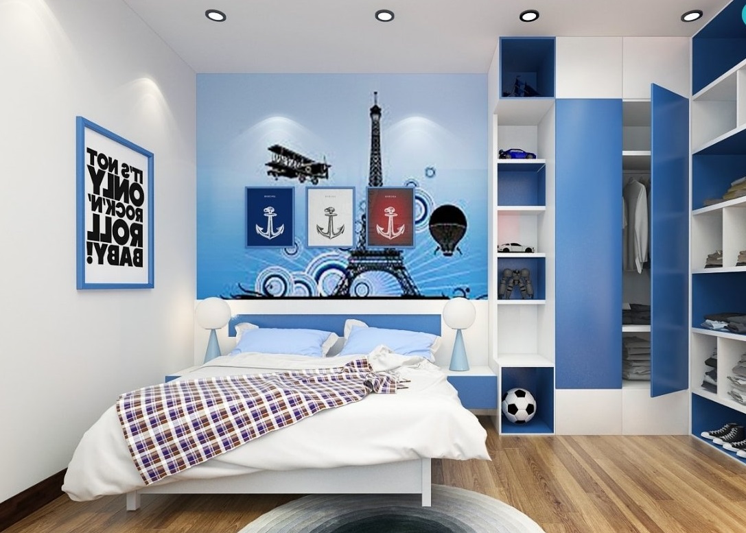 Phòng ngủ cho con trai với bảng màu trắng - xanh dương trẻ trung, năng động.
