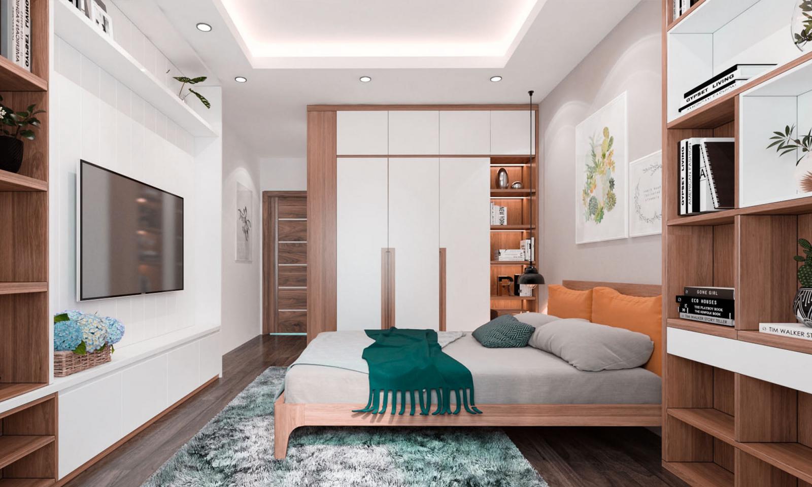 Phòng ngủ master sử dụng nội thất gỗ kiểu "đo ni đóng giày" nhằm tối ưu hóa không gian.