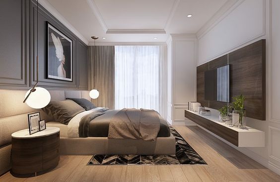 Mẫu phòng ngủ master phong cách tân cổ điển nhẹ nhàng, tinh tế với bảng màu trung tính chủ đạo. Các chi tiết trang trí tối giản mà sang trọng.
