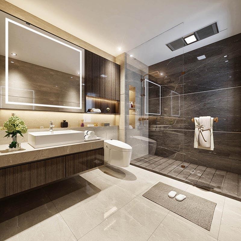 Phòng tắm - vệ sinh sang trọng, tiện nghi trong nhà ống 4 tầng. Tường kính cường lực trong suốt tạo độ thoáng rộng cho không gian.