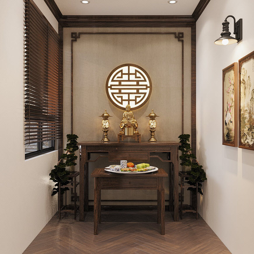 Phòng thờ Phật nhỏ gọn, bài trí trang nghiêm với nội thất gỗ ấm áp.