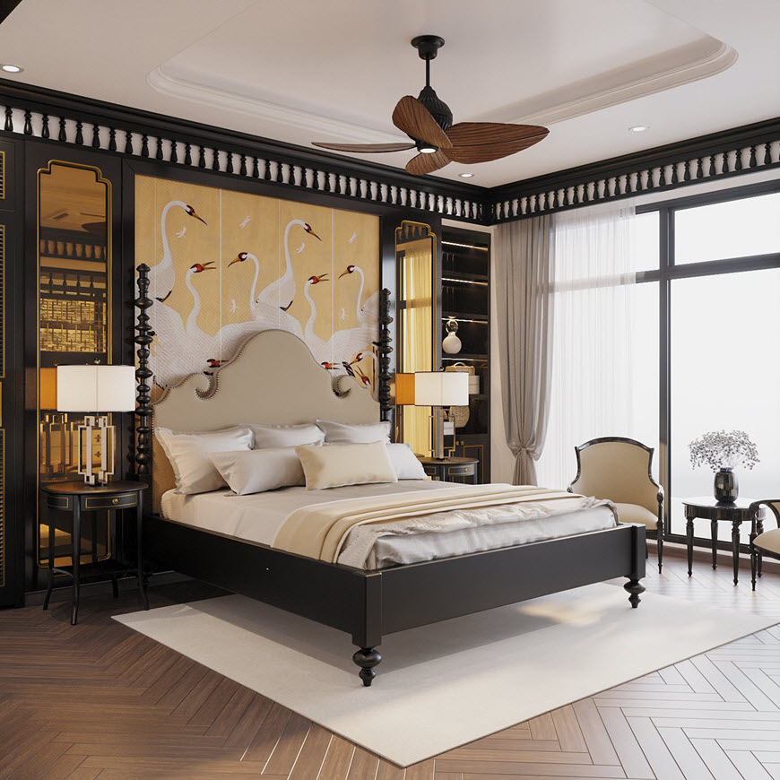 Đèn bàn và tủ kệ bài trí đối xứng hai bên đầu giường tạo sự hài hòa cho tổng thể căn phòng.