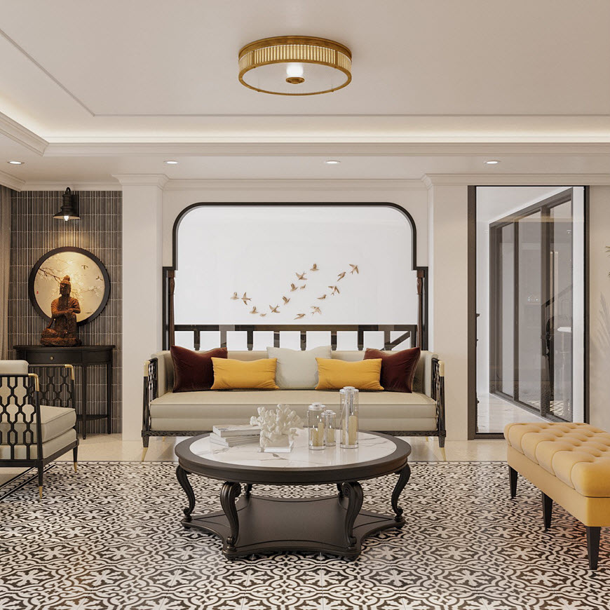 Không gian phòng khách sang trọng với điểm nhấn màu vàng đậm phong cách Đông Dương đến từ gối tựa sofa và đệm ghế ngồi.