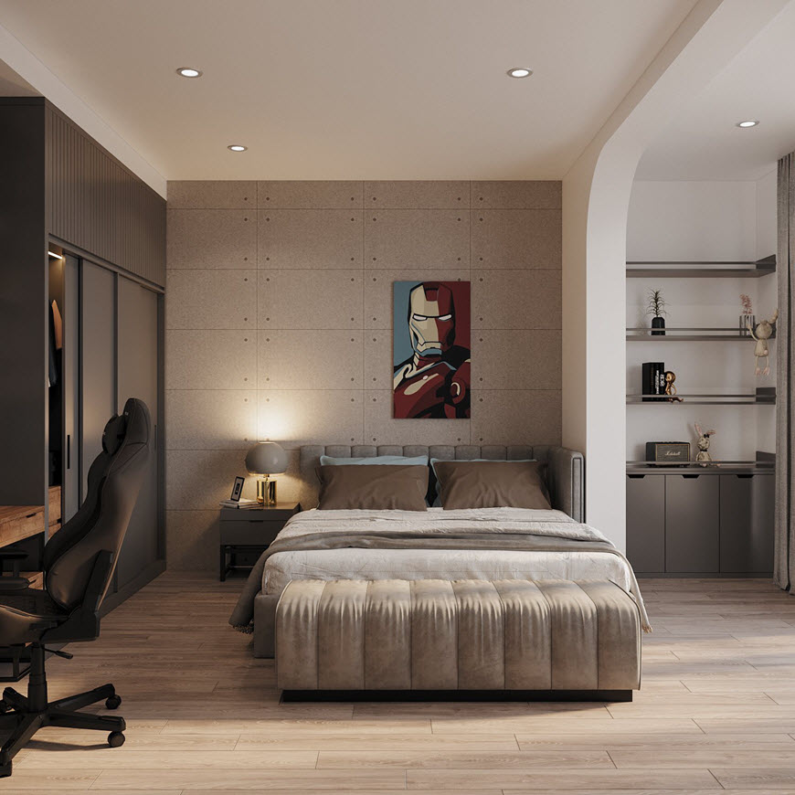 Phòng ngủ thứ hai sử dụng bảng màu trung tính thanh lịch và lối bài trí kết hợp các yếu tố hiện đại, trẻ trung, cá tính.