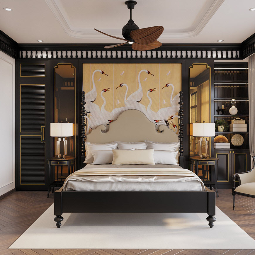 Phòng ngủ master gây ấn tượng ngay từ cái nhìn đầu tiên bởi tranh tường đầu giường màu sắc, họa tiết đậm chất Đông Dương.